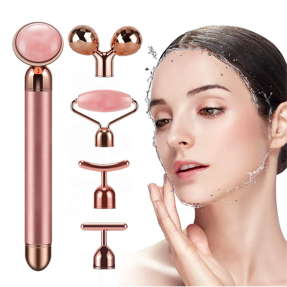 

5 In 1 Private Label Wholesale Quartz Vibrating Facial Electric Massager Massage For Face Gua Sha Set Jade Roller, Pink or custom