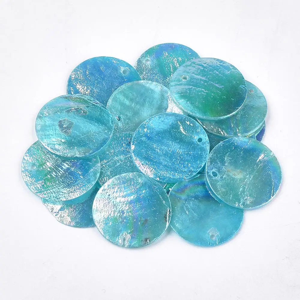 

PandaHall Dyed Flat Round DarkTurquoise AB Color Plated Capiz Shell Pendants