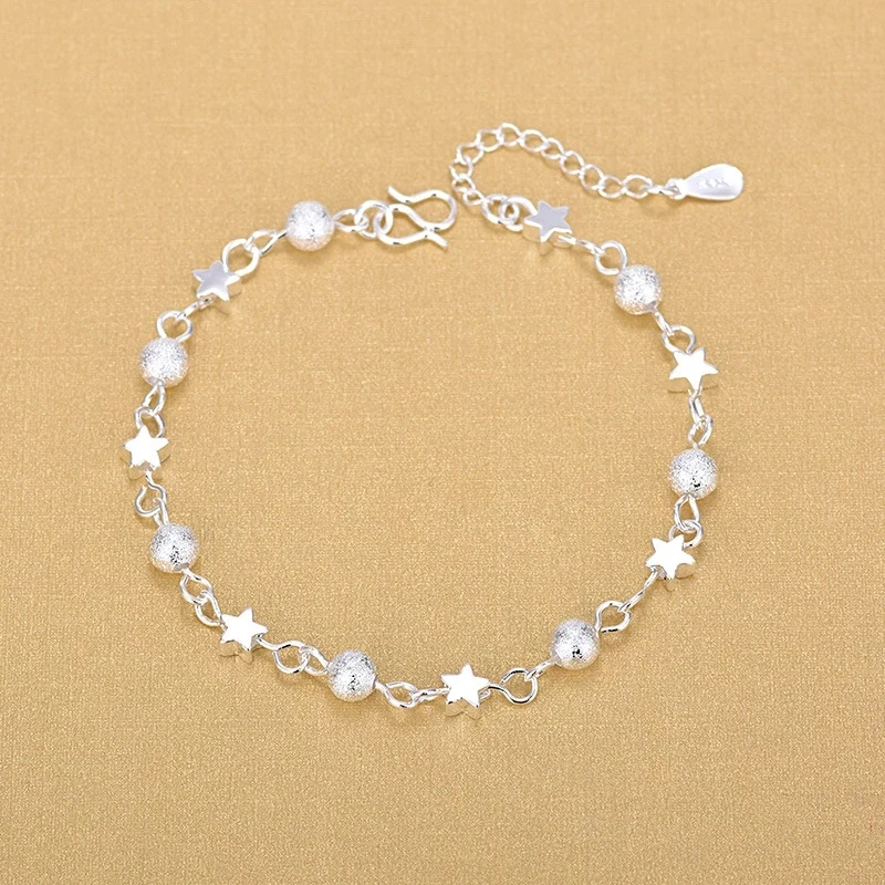 

Wholesale Women 925 Sterling Silver Frosted Round Ball Beads Star Women Link Chain Bracelets