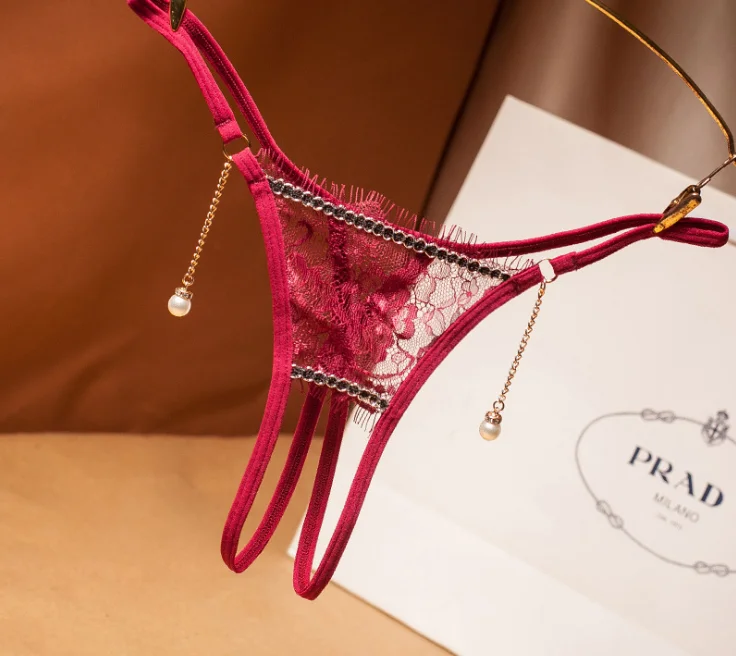

Women's Sexy Lace Underwear Soft Women pearl crotchless thong Panties, As photo
