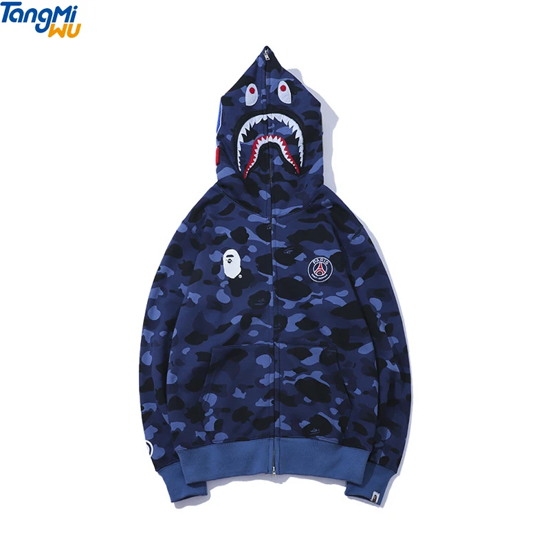

New product blue camo Ape Shark men harajuku sweatshirts fashion print Oversized Jacket full face zip bapee hoodie