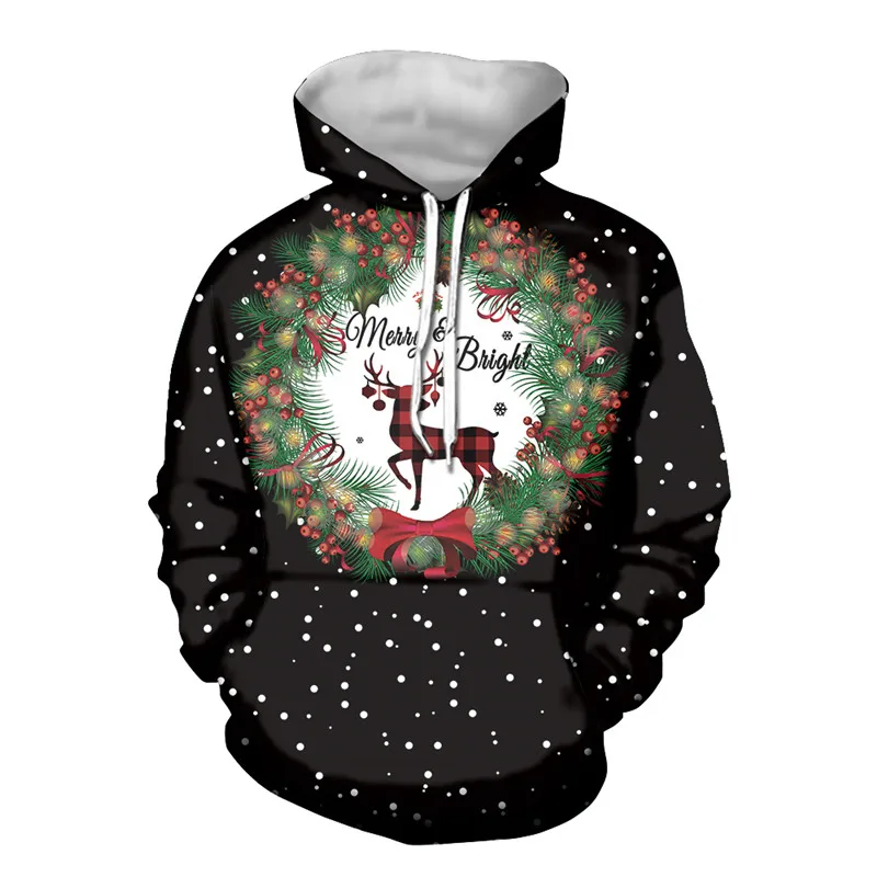 

Reindeer Ugly Christmas Custom Logo Hoodie Men Black Printed Hoodies Long Sleeve Pullover Drawstring Sweatshirt with Pocket, Customized color