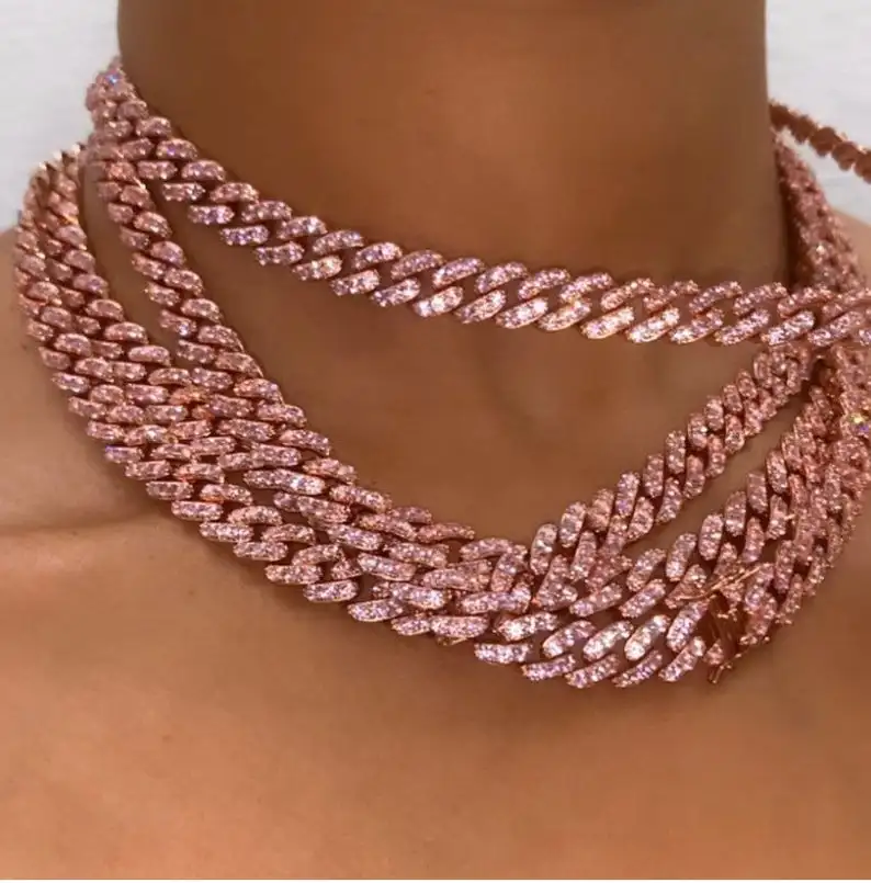 

pink women necklace 9mm pink cubic zirconia cz cuban chain choker girl women necklaces, Rose gold
