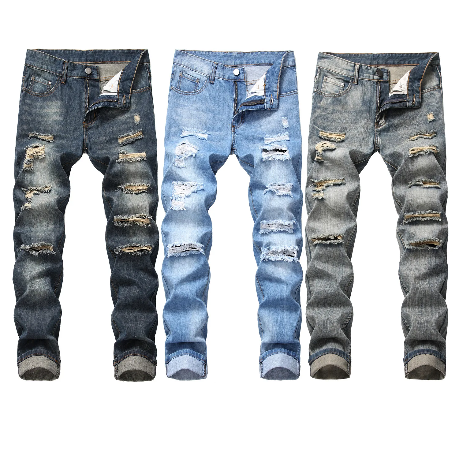 

Hot Sale Men Stretchy Ripped Skinny Biker Jeans Destroyed Hole Taped Slim Fit Denim Jean, Dark blue, linght blue, grey