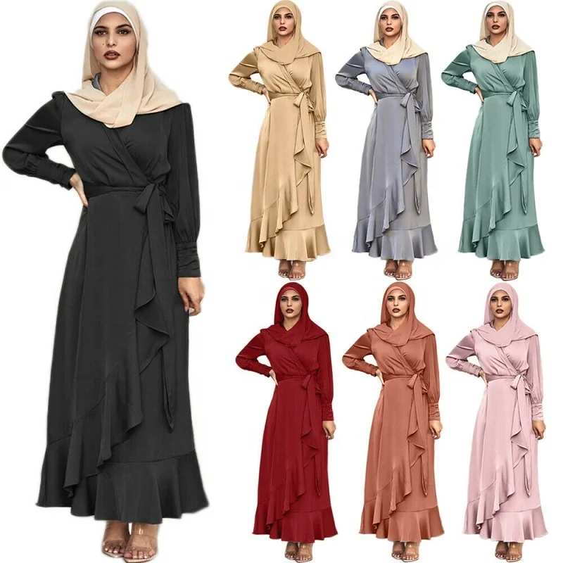 

High quality 7 colors Muslim women satin long dress ruffle Arabic Abaya Islamic Clothing, Gray, beige,green, pink,brown, wine red, black