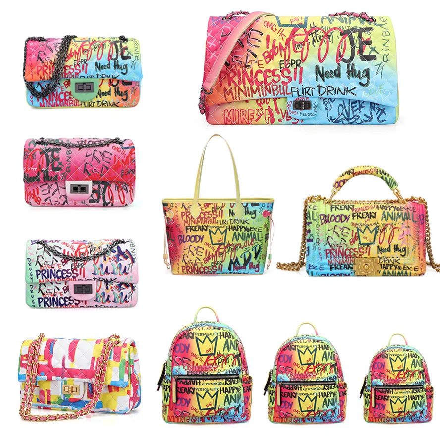 

PU leather new fashion designer rainbow color purse woman ladies women shoulder bag purses handbags lady handbag graffiti bags
