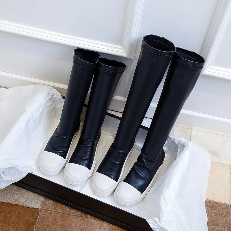 

Hot Sale Lady Pu Black Knee High Boots Rubber Sole Round Toe Long Flat Boots for women