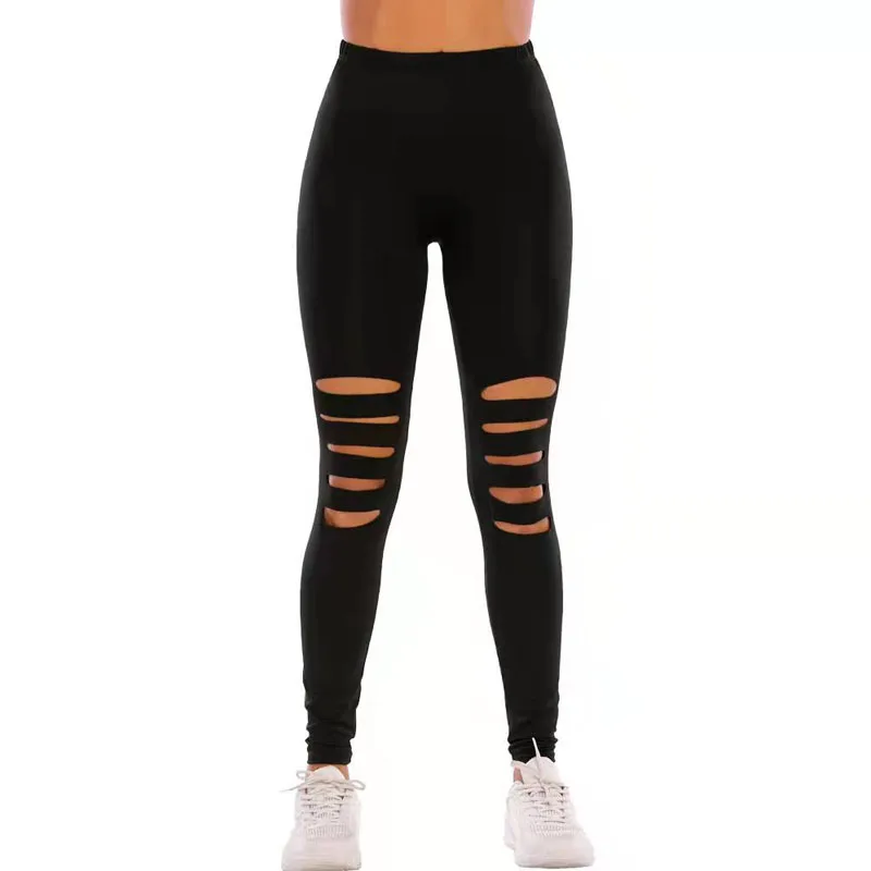 

Leopard Print Tight Hole Leggings Women High Waist Sport New Black Stretch Yoga Pants, As pic show