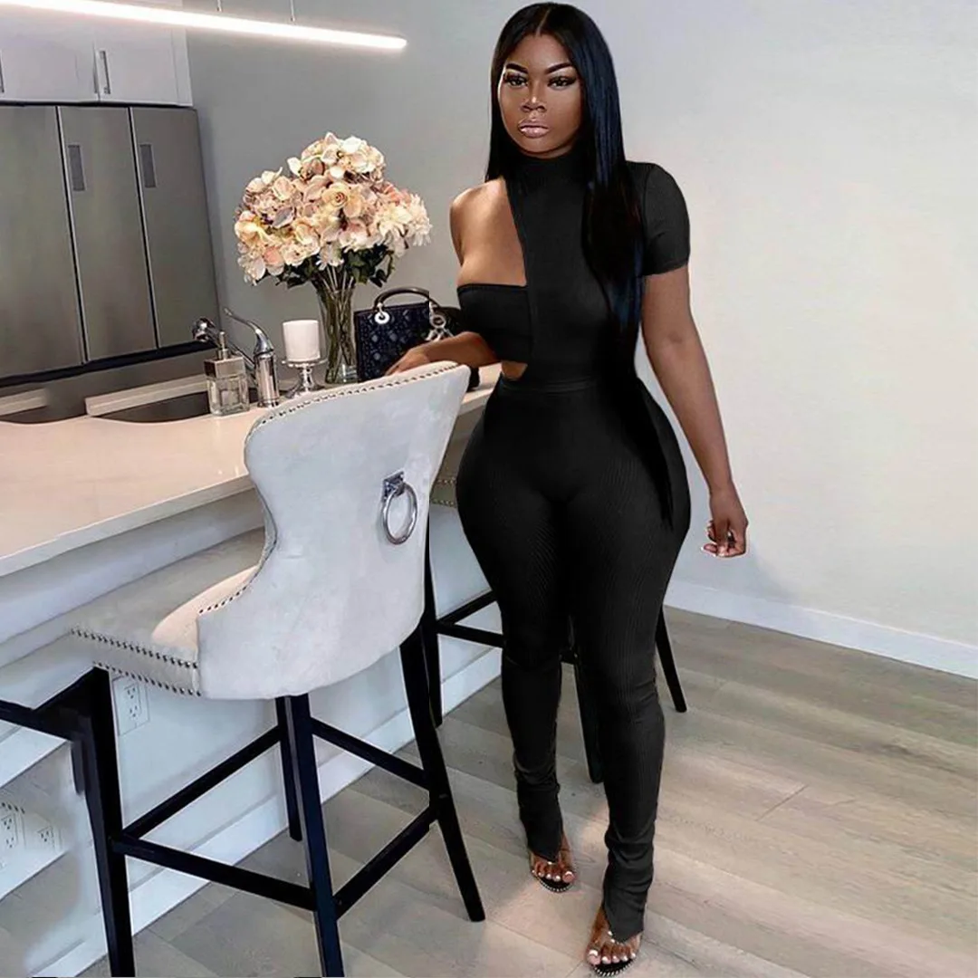 

Cut Hollow Out One Shoulder Women 3 Piece Pant Sets Sexy Bodysuits Split Long Pants Sets For Women Summer Apparel -CY, Multi colors
