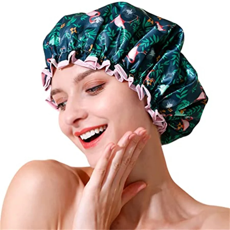 

Colorful waterproof bathing hair caps elastic reusable turban shower double layer shower caps for women kids long hair