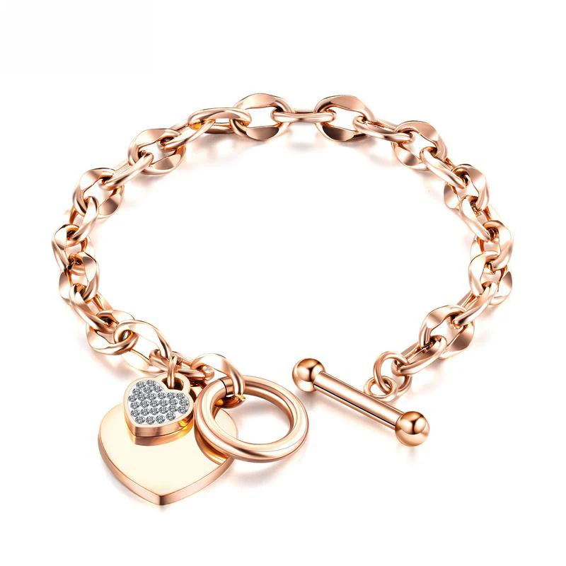 

JUHU fashion heart stainless steel bracelet plated rose gold set diamond hand jewelry OT buckle titanium steel bracelet female, Gold/silver
