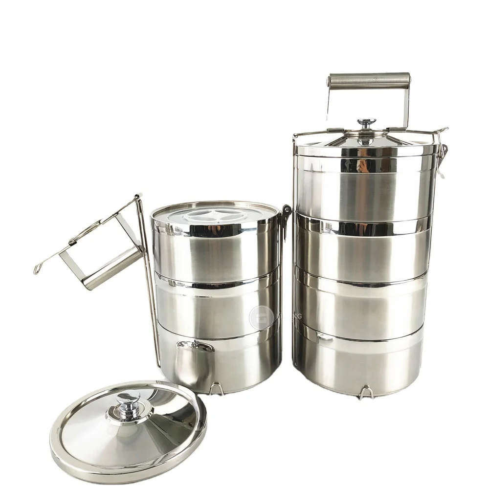 

Factory Stackable Take Away Metal Lunch Tiffin Carrier 3 Layers Stainless Steel Food Box with Handle, Silver