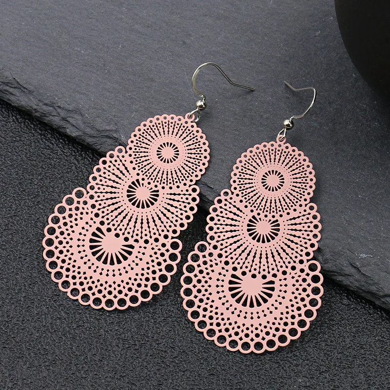 

Ethnic Folk Style Hollow Out 3D Lace Flower Cutting Copper Plate Lacquered Painted Drop Earrings, 6 choices