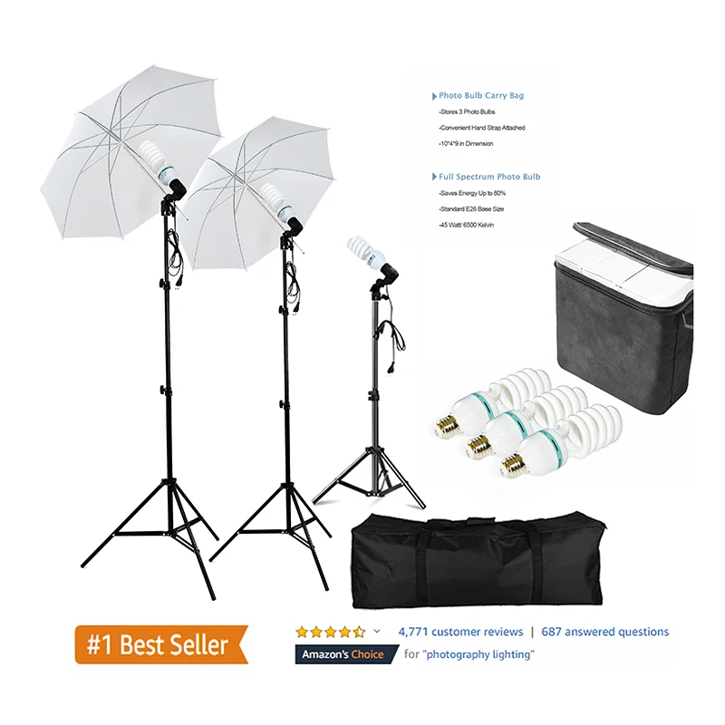 

Amazon hot selling photography Photo Portrait Studio 600W Day Light Umbrella Continuous Lighting Kit, White for photo studio