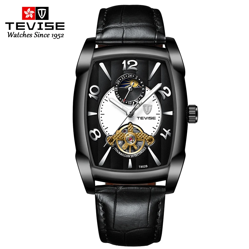 

Fashion Tourbillon Genuine Leather Hand Watches Water Resistant Luxury Skeleton Square Wrist Watch For Men, Optional