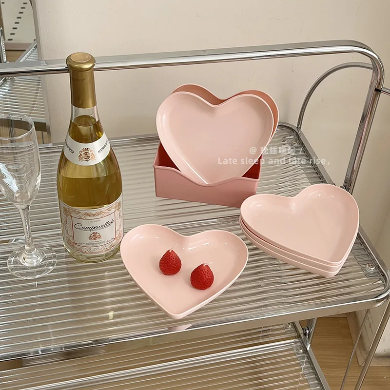 10pcs Ins Heart Plate Cake Snack Heart Plate Bone Spitting Dish Fruit Dish Snack Dish Small Plate Plus Base Six-piece Set