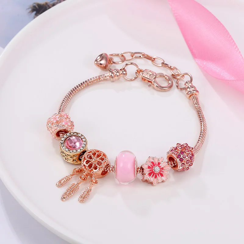 

Rose Gold Summer Little Daisy Flower Charm Bracelet Adjustable Lobster Clasp Beaded Hollow Dream Catcher Charm Bracelet