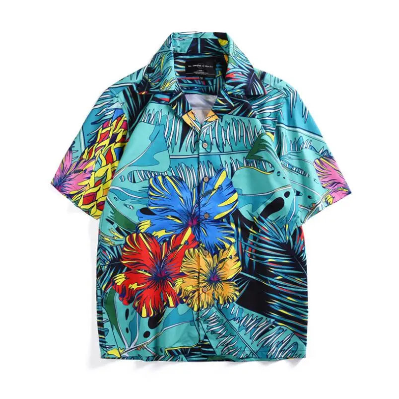 

Mens Hawaiian Print Blouses Floral Beach Style Button Up Shirts, Custom color