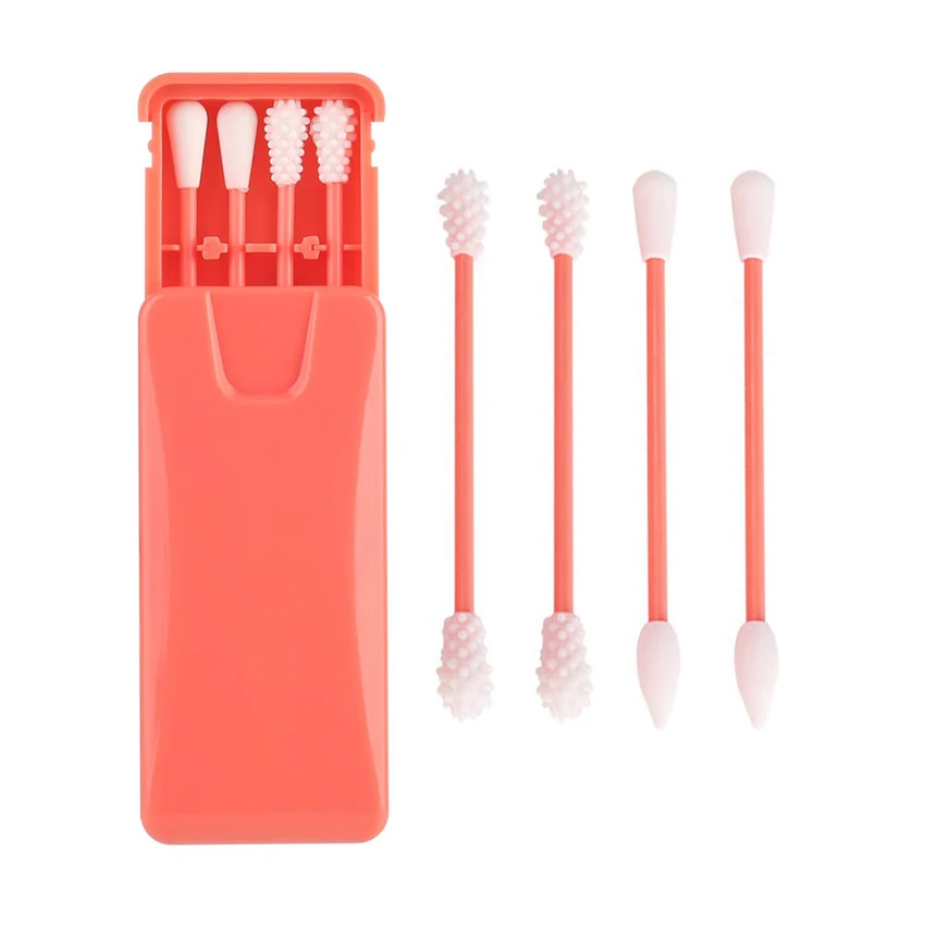 

4 Pcs Upgraded Reusable Cotton Swabs With None Falling Off Silicone Double Tips Cotton Buds For Ear Cleaning, Pink, blue, black, green, yellow