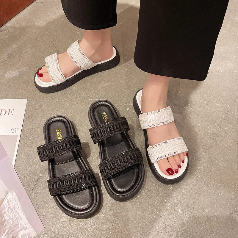 

2022 Summer Women Shoes Slipper Flat Casual Woman Jelly Slide Slippers Pu Sandals Outdoor Casual Flat Two Belt Slide Slipper