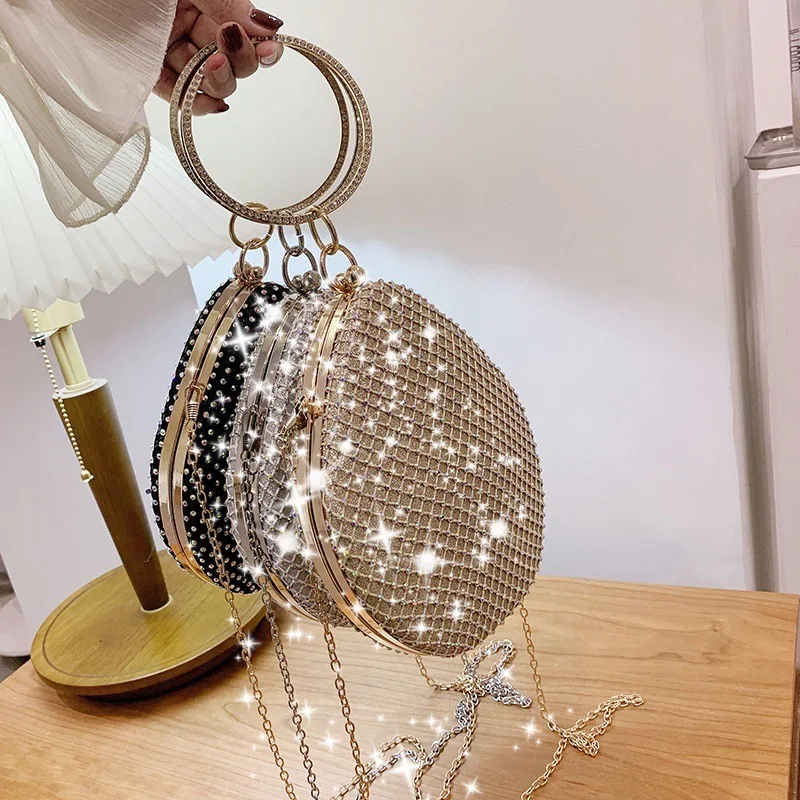 

Fashion luxury round handle crystal clutch women evening bags ladies handbags crossbody rhinestone purses with chain, 3colors