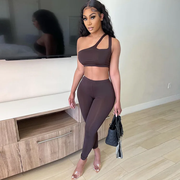 

2021 Sexy Solid Slim Inclined Shoulder Crop Top And Trousers Two Pieces Pant Sets Women Skinny Sports Summer Yoga Set