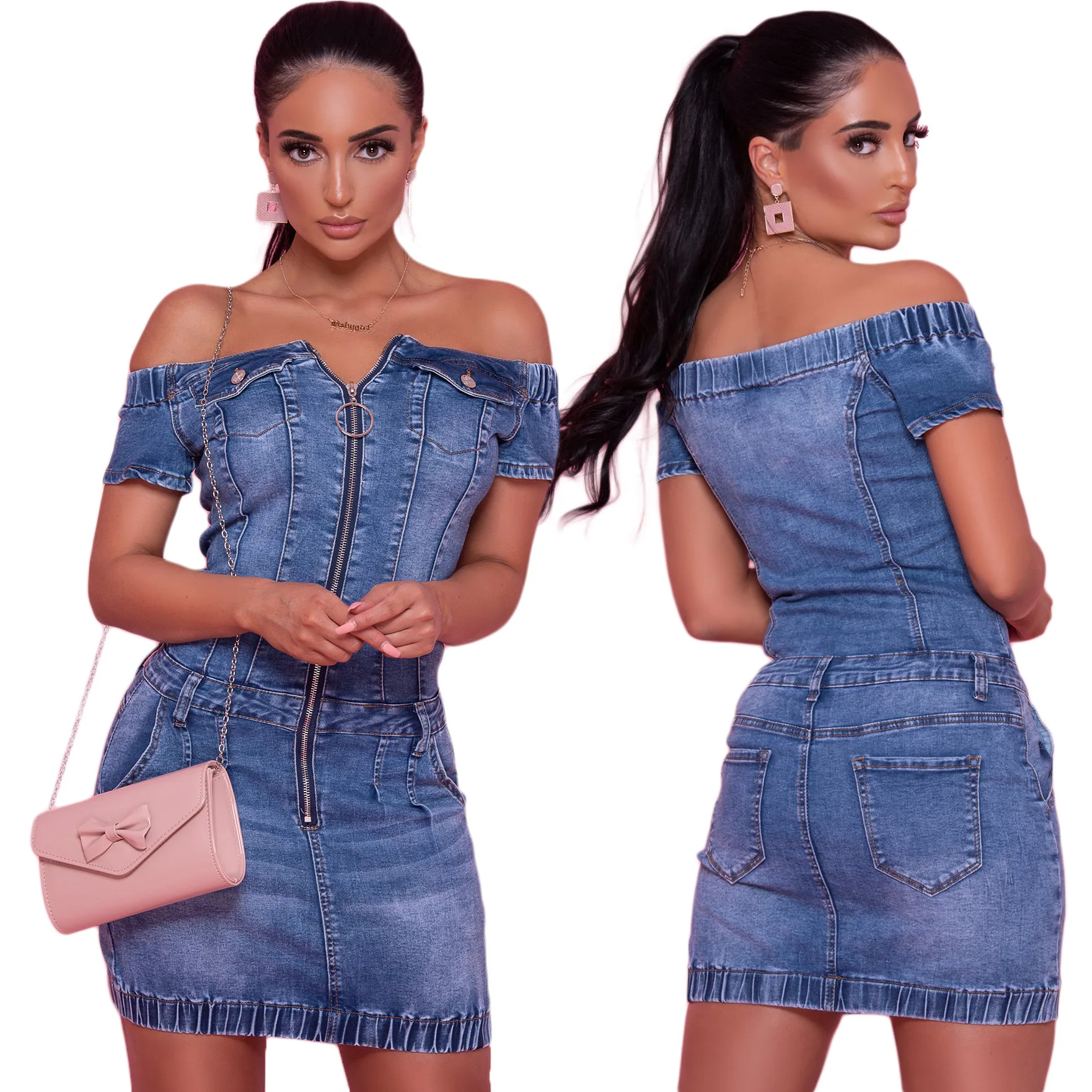 

10802-MX67 pockets zipper denim off shoulder strapless plus summer 2021 casual dresses sehe fashion