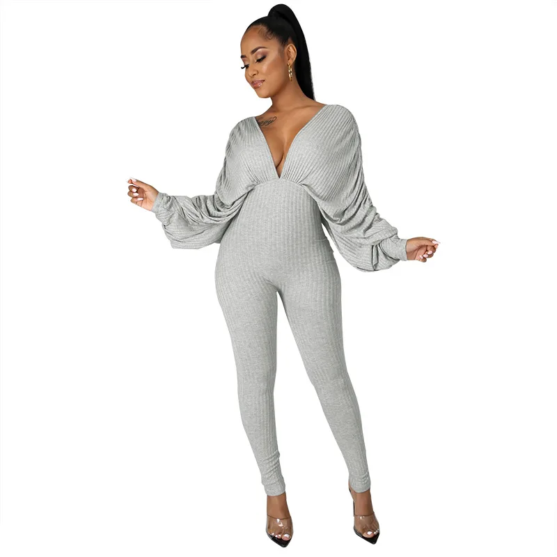 

Personality Pleated Loose Long-sleeved Deep V-neck Long Plus Size Skinny Jumpsuit, Picture color