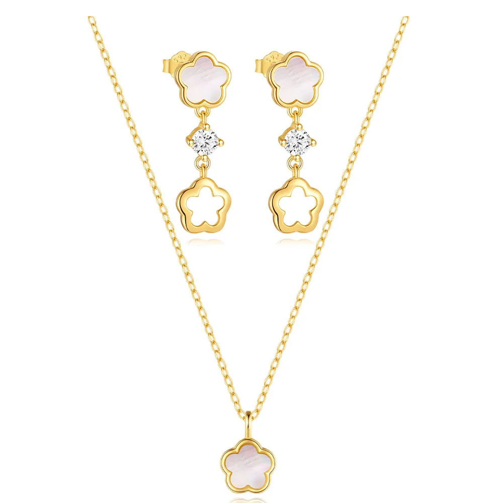 Fashion Pendant Necklace 925 Sterling Silver Flower Shell Pendant Necklace Gold Plated Necklaces Stud Hoop Earrings for Women
