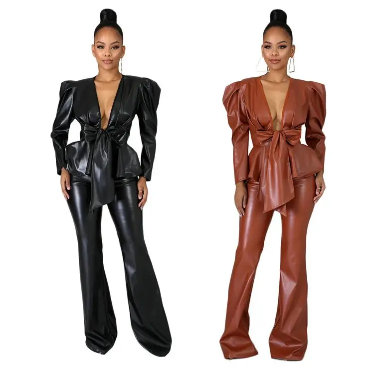 A120141 stylish long sleeve V neck bandage PU Leather trouser suit Winter Clothes Women Two Piece Set