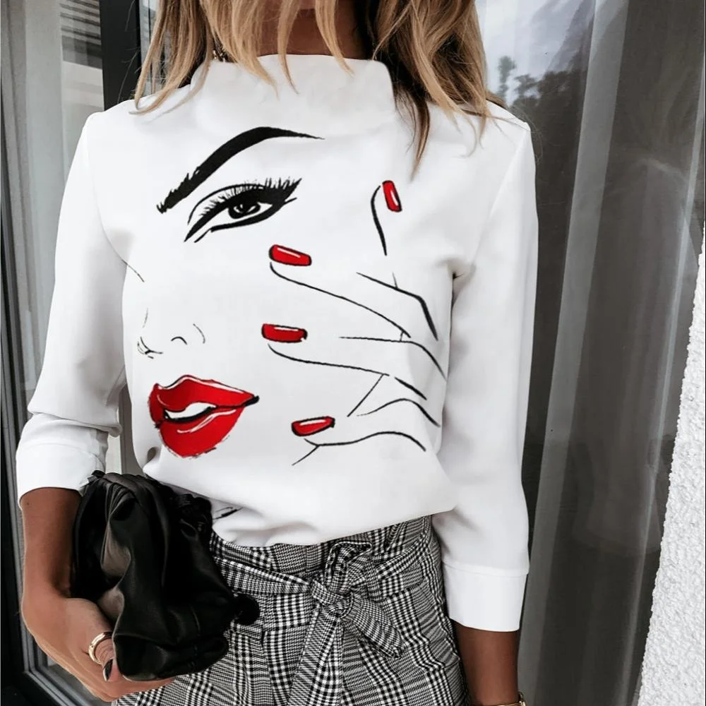 

Autumn and winter Ladies Printed Shirt Button Long Sleeve Fashion Commuter Slim Top