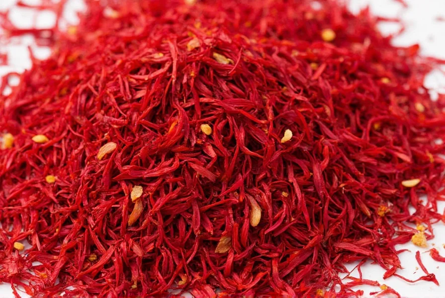 Close-up photograph of saffron threads showing their distinctive crimson color against white background, highlighting the trumpet-shaped stigma tips