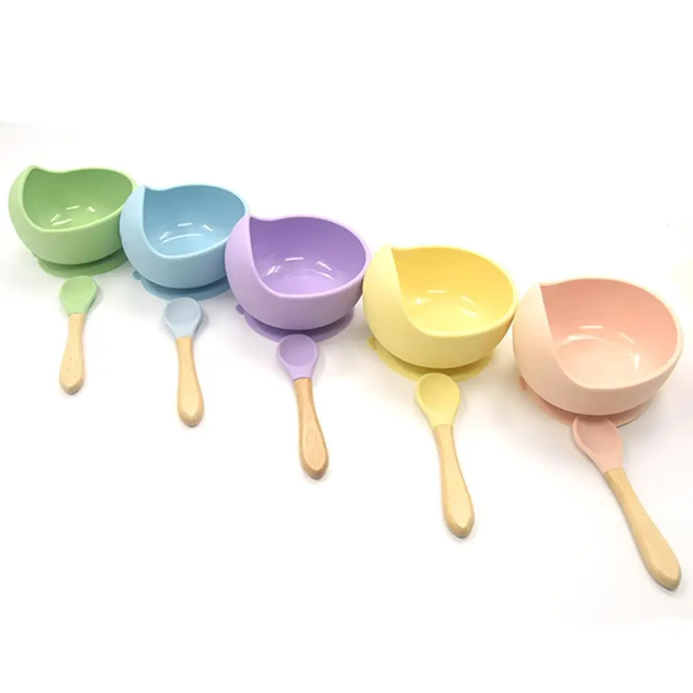 
Portable Kids Toddler Baby Silicone Feeding Suction Bowl with Wood Spoon 