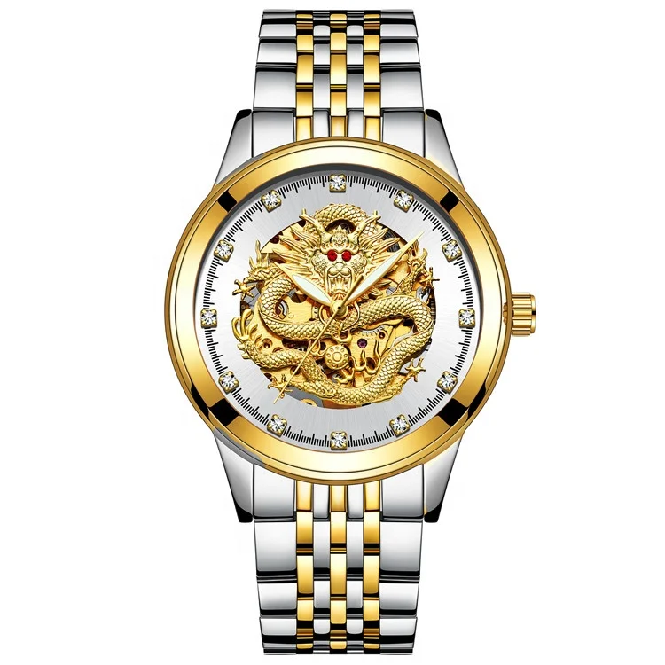 

TEVISE 9006B Mens Watch 3D Gold Dragon Automatic Watch Rhinestone Luxury Self-Wind Mechanical Watches Luminous Montre Homme