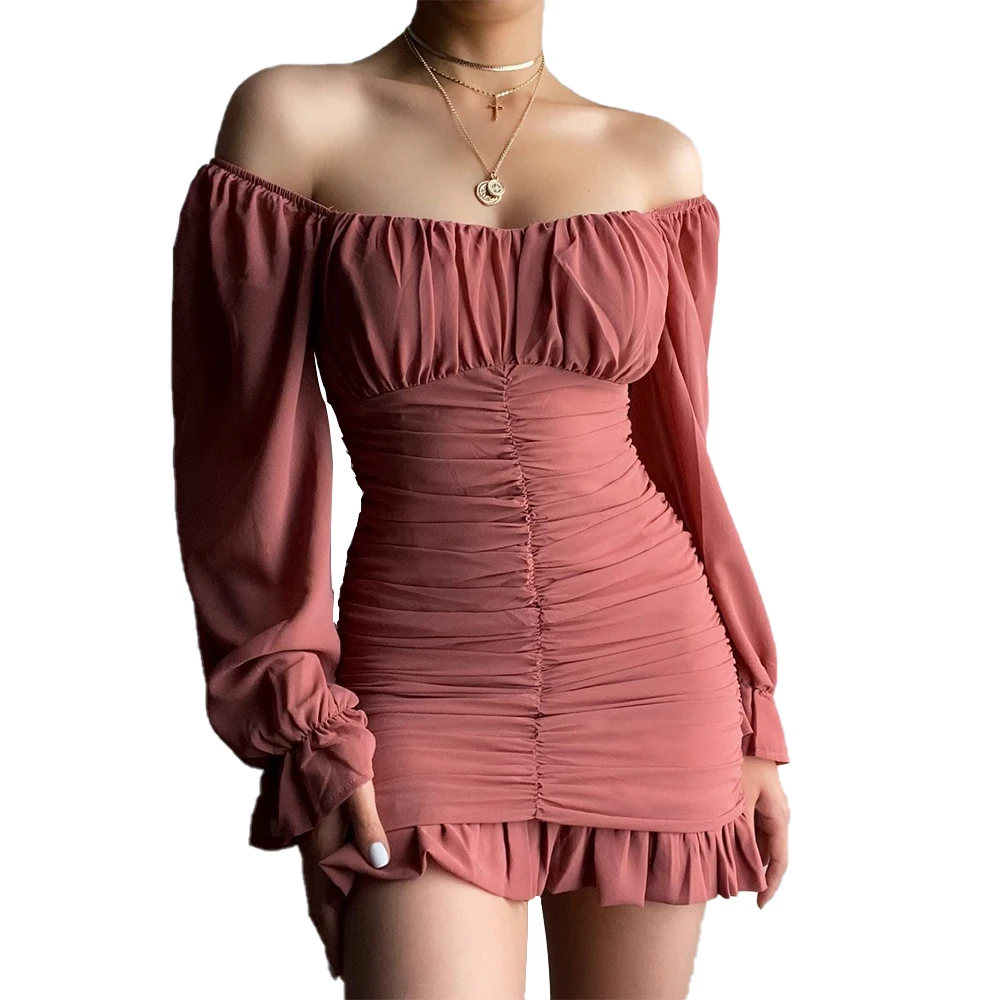 

Women Sexy Party Dress Casual Dress Off Shoulder Ruffle Hem Long Sleeve Wrap Bodycon Dress Women Clothing Sexy