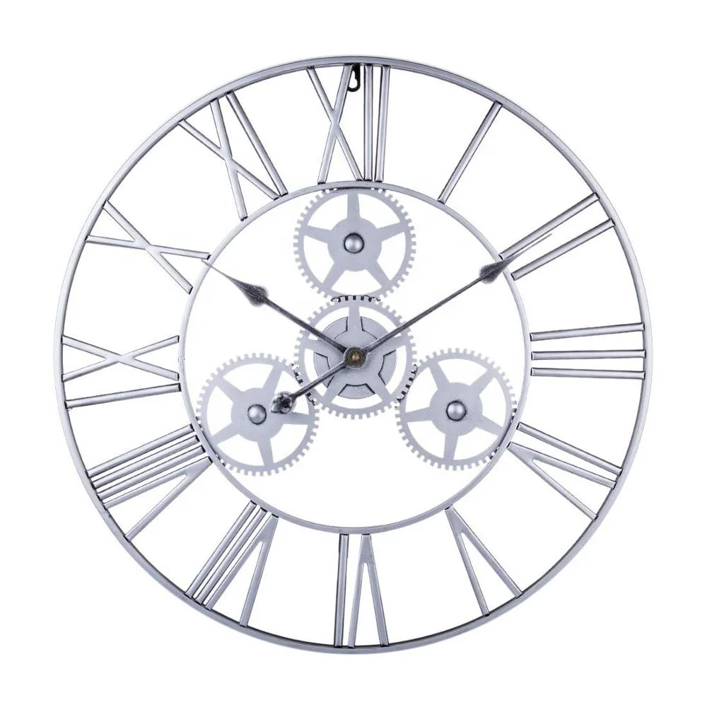 

24" 60cm Large Antique retro silver Wrought Iron steel design Metal Gear Wall Clock, Black+gold