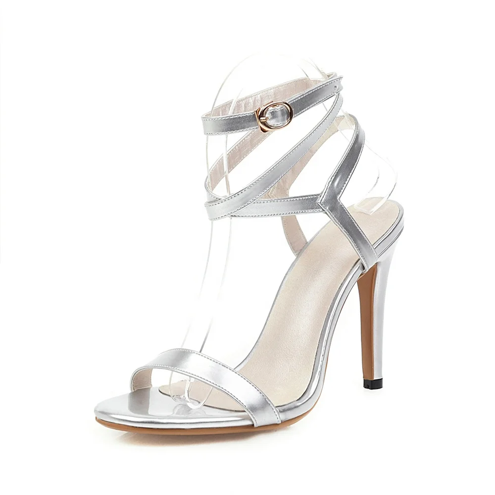 

Summer Round Head Pure Color Buckle Cross-Strap Stiletto Sandals for Women, Gold, silver