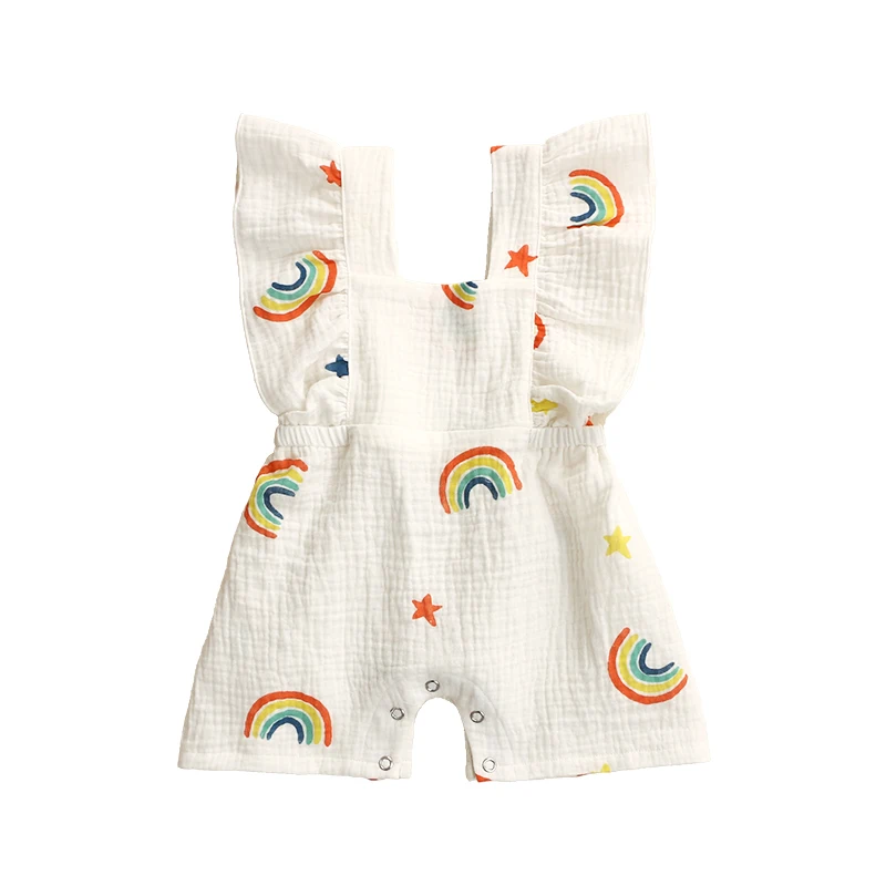 

Summer lovely baby clothing 100% cotton fabric sleeveless ruffles cute iron snap baby girl jumpsuit romper, As picture