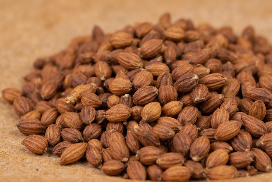 Close-up of cumin seeds showing their distinctive ridged texture and warm brown color on wooden background