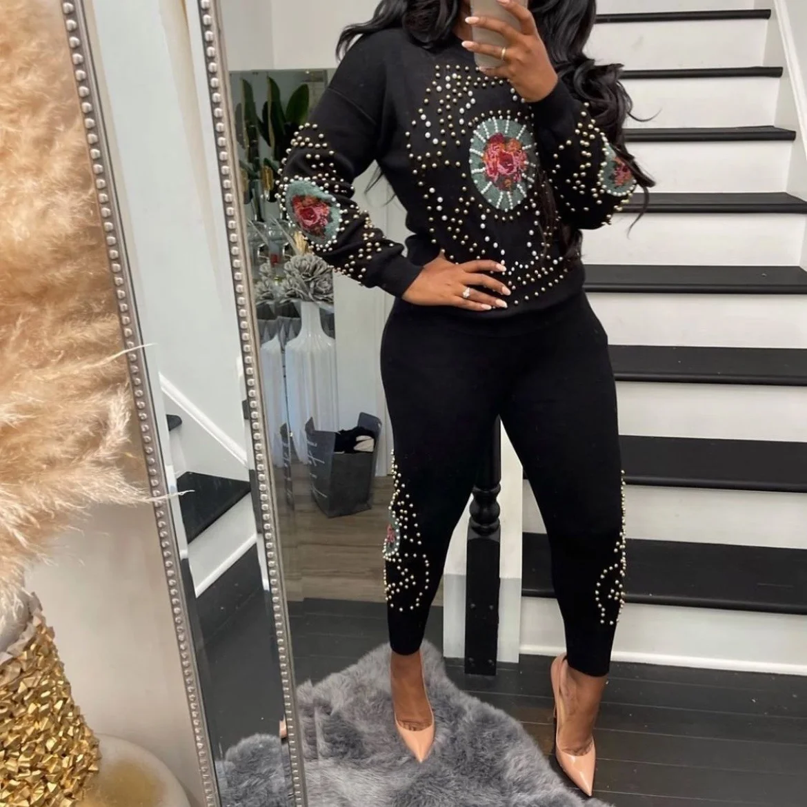 

Casual Fall Winter Warm Fashion Lady'S Elegant Sequined Beading Knitted Matching Pants 2 Piece Set Women Track Suit Sweater Set