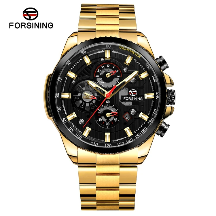 

Forsining 157 Three Dial Calendar Display Black Stainless Steel Men Automatic Watch Top Brand Luxury Military Sport Male Clock