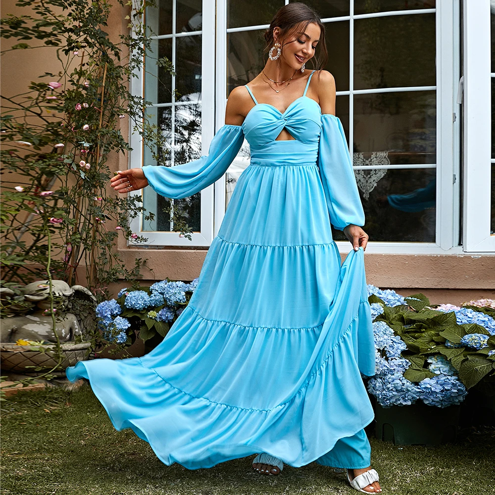 

Orange Sexy Twist Front Cut-out Lantern Sleeve Ruffle Hem Casual Dresses
