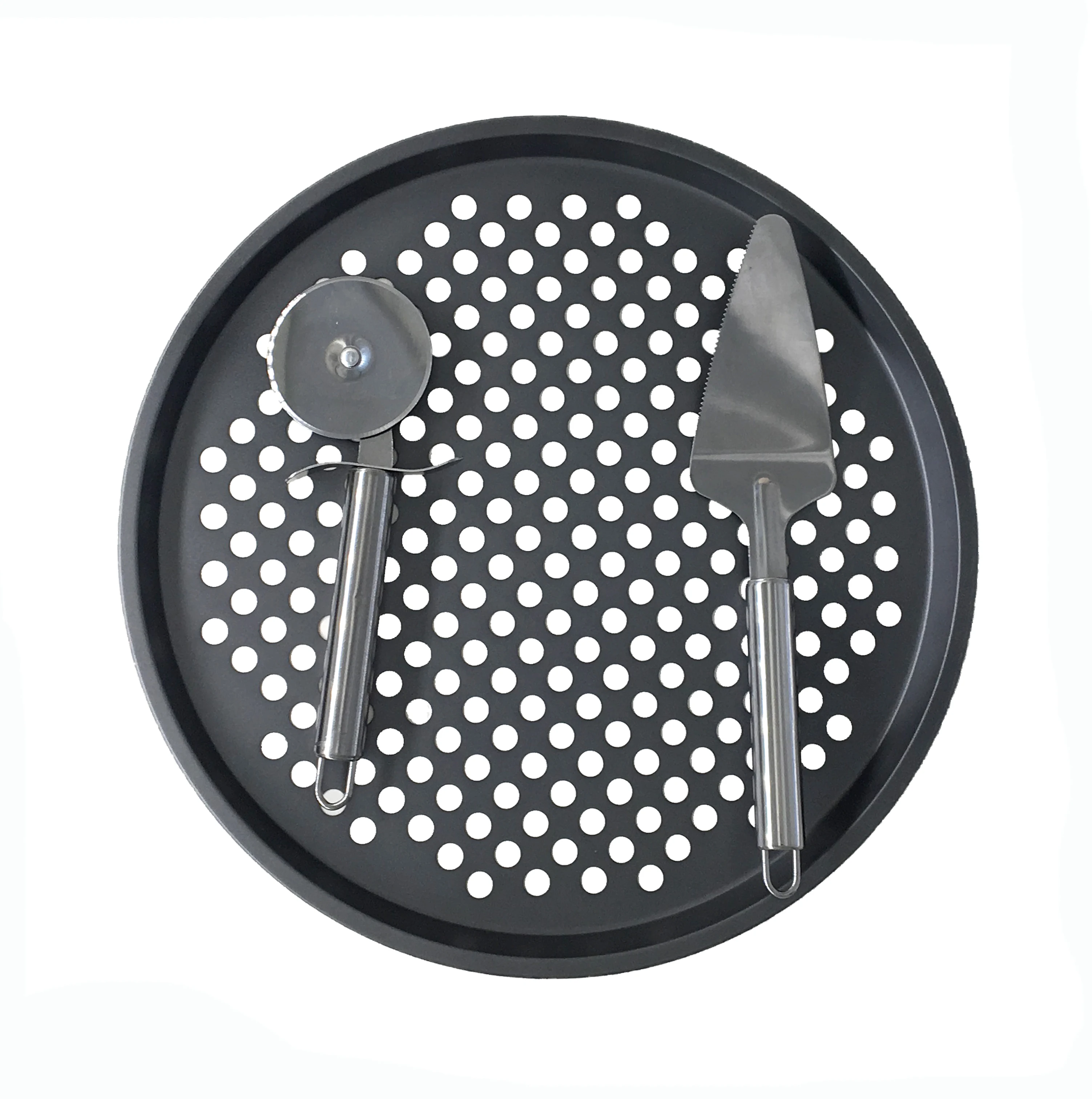 

12 Inch Carbon Steel Pizza Pan With Holes Plus Stainless Steel Pizza Spoon And Pizza Cutter Set, Black