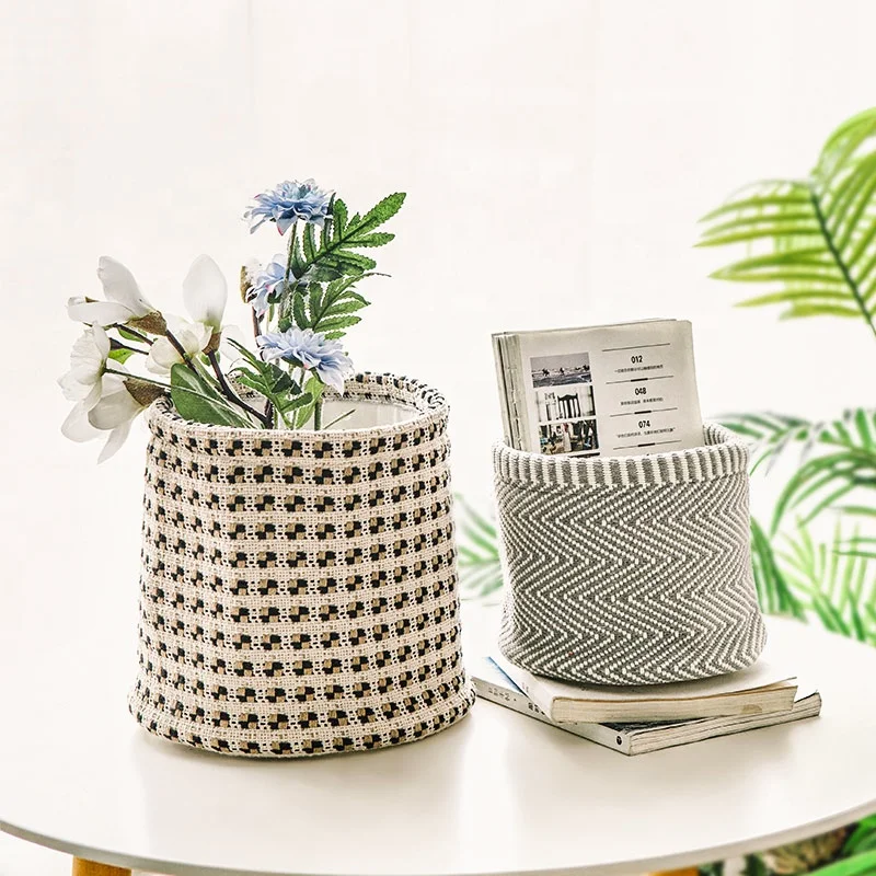 

2021 Wholesale boho design cotton woven circular laundry basket foldable table storage basket, 3 colors as pic