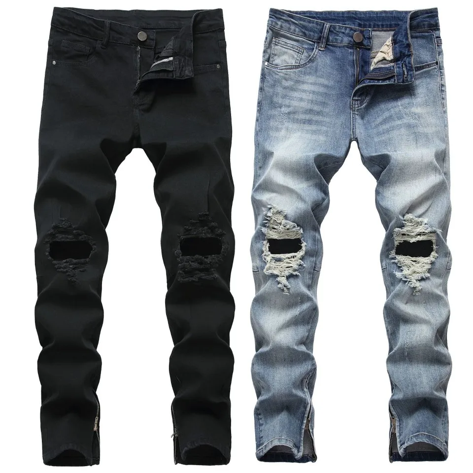 

Men Ripped Jeans Pants Biker Slim Frayed Denim Trousers Fashion Black Zip Skinny Jeans Mens Clothes Y12676