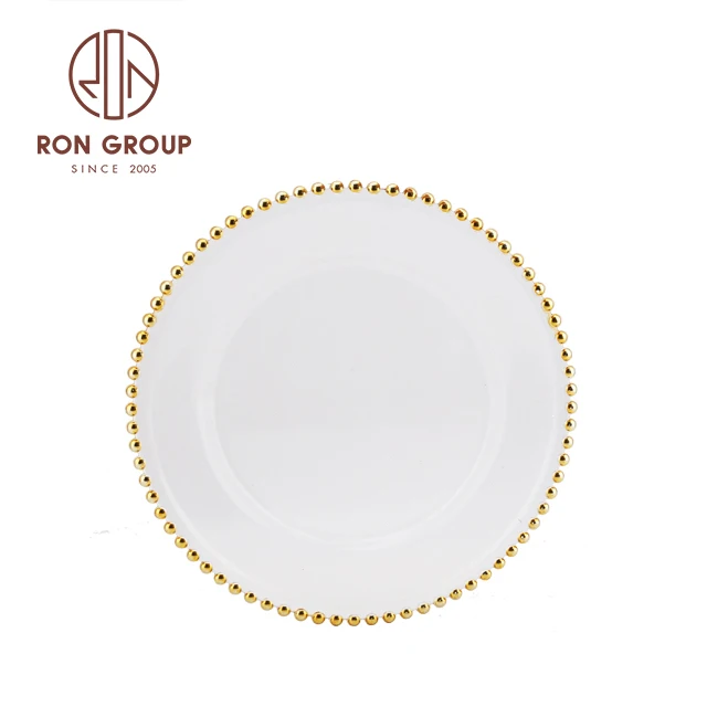

factory cheap price customized luxury dinner gold beaded charger gold rim wedding glass plate, Gold,silver