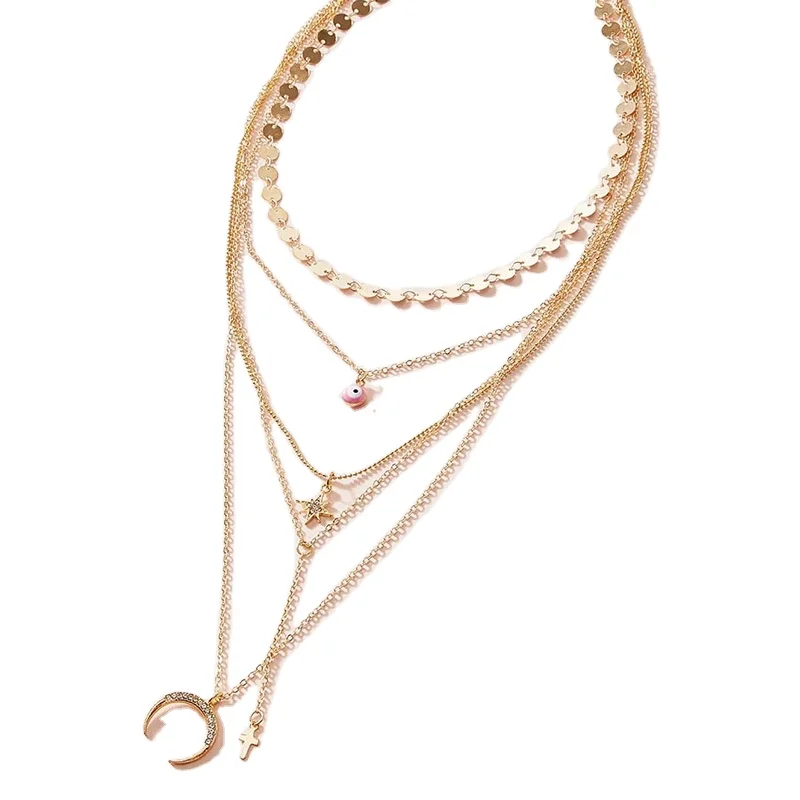 

Alloy Star Moon Cross Glasses Pendant Multi Layered Necklace, Gold/oem