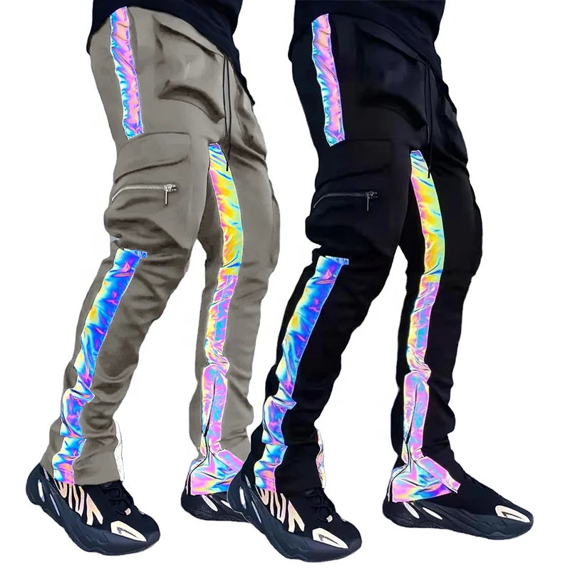 

fashion night running mens slim track pants with reflective lines hiphop 6 pocket trouser jogging rainbow reflective pants, White black blue brown red yellow green navy