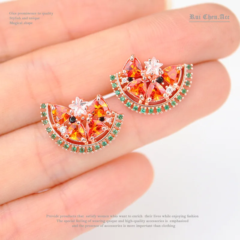 

Summer Hawaii Jewelry Sweet Girl Fruit Stud Earrings Exquisite Handmade Zircon Cute Watermelon Earrings Jwelry, Red