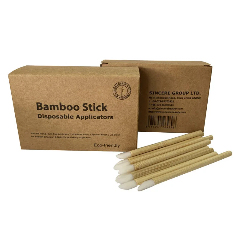 

100 Counts Eco-friendly Bamboo Stick Handle Lip Gloss Brush with Flocked Doe Foot Lint-free Applicator in Kraft Box, White brush head